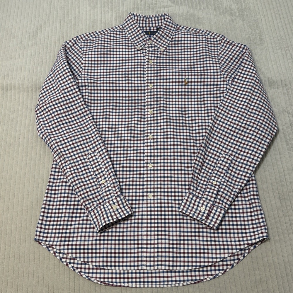 Ralph Lauren Oxford Shirt Mens L Button Up Slim Fit purple blue white Plaid